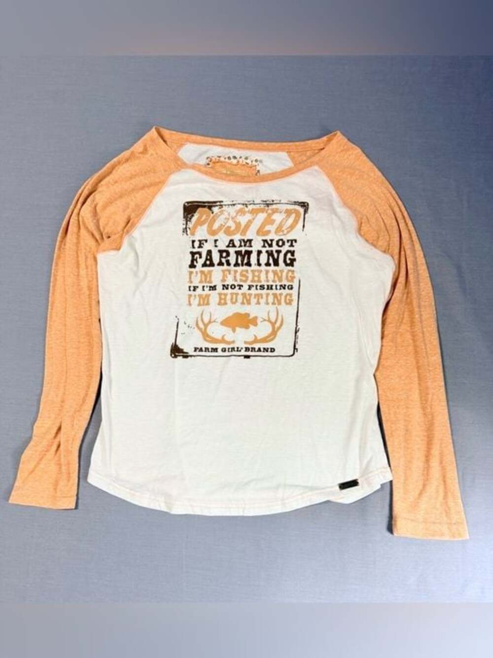 Farm Girl Brand Womens Raglan Baseball Graphic Tee Long Sleeve Orange White Sz L